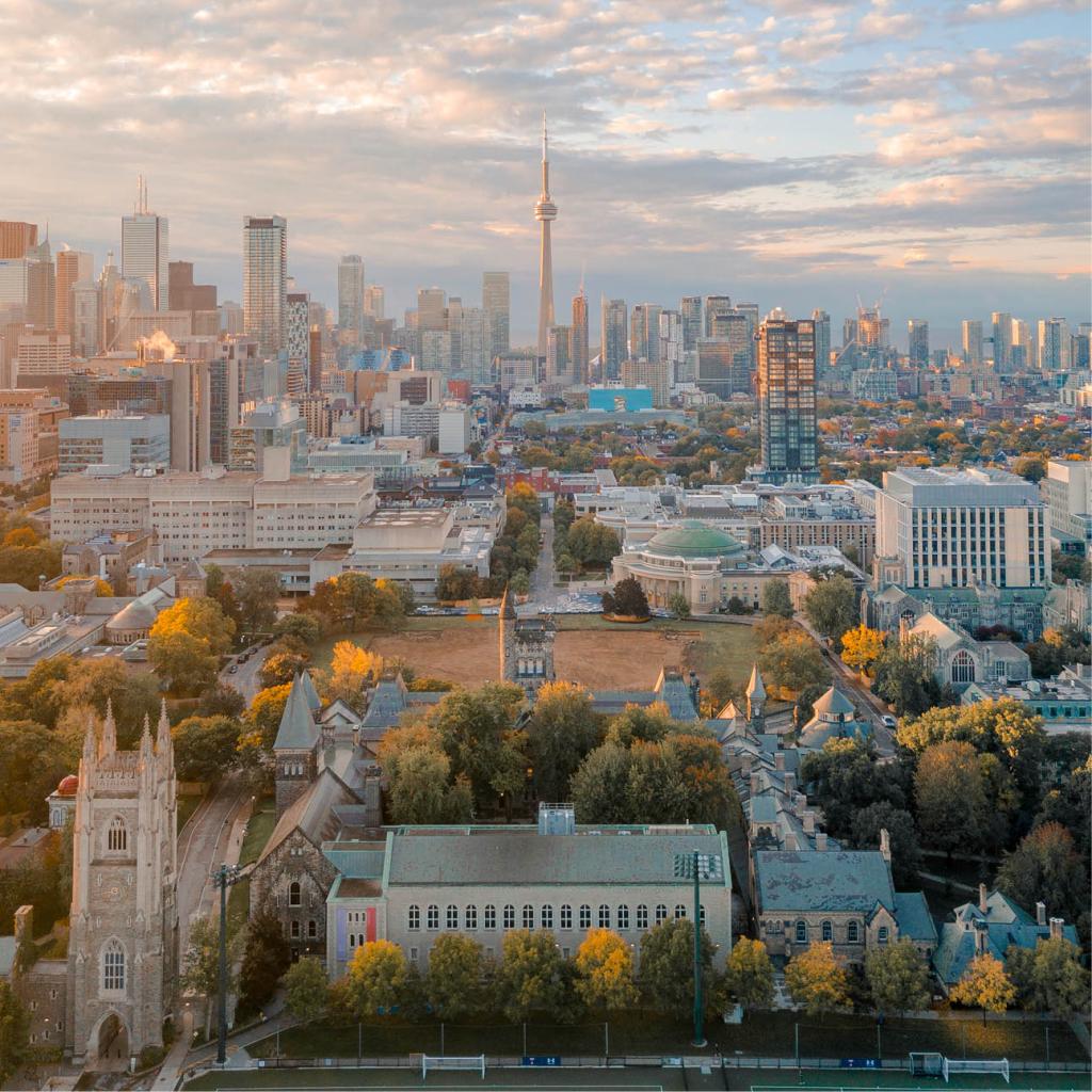 An aerial image of the University of Toronto St. George campus at dawn 