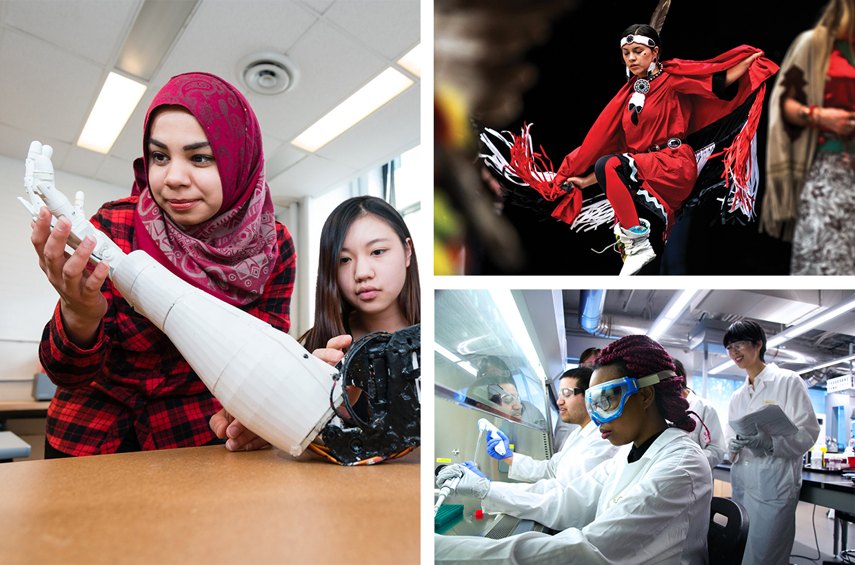 A student investigates a robotic arm, a student in a fringed shawl performs a traditional Indigenous dance, a student conducts research in a science lab